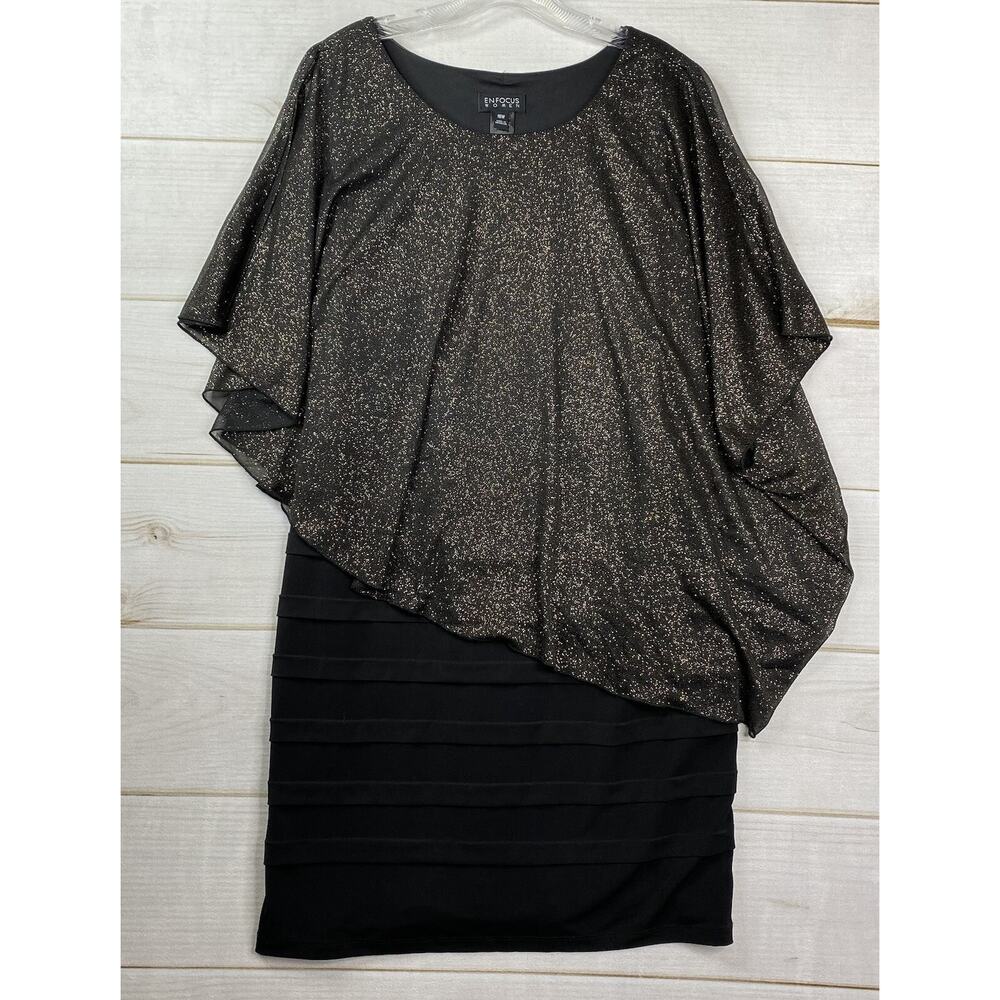 Enfocus Dress Womens 16W Black Gold Sparkly Overlay Stretch Knee Length Coctail